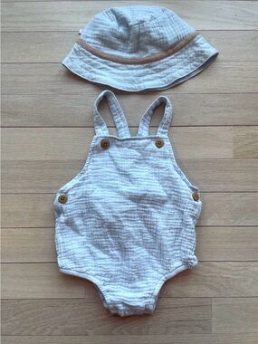 Little Me Blue Gauze Romper and Hat Set